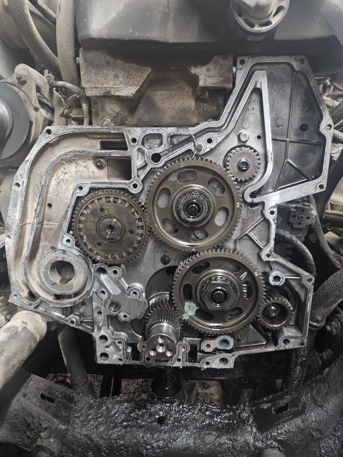 Engine gears and timing chain components exposed inside an engine bay. Metallic gray and black.