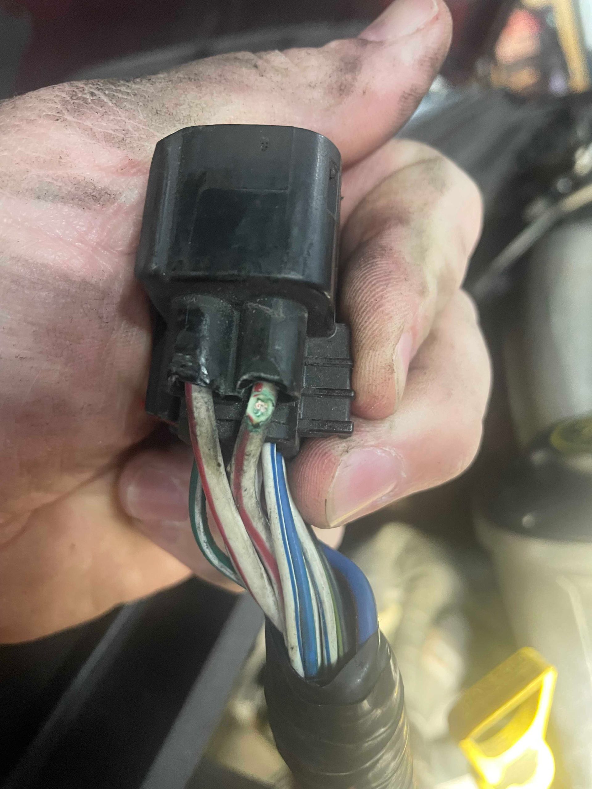 Close-up of a hand holding a black electrical connector with multiple colored wires.