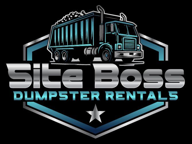 Logo for Site Boss Dumpster Rentals: blue dumpster truck, silver text, black background.