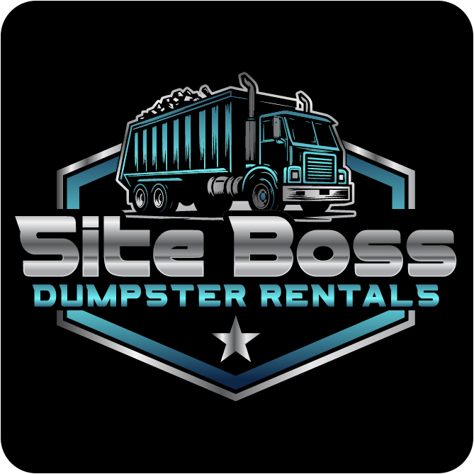 Site Boss Dumpster Rentals logo with a blue dumpster truck on a silver and blue shield, with a star below.