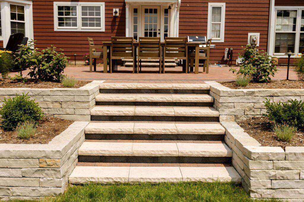 Stone steps leading up to a patio with a dining table and chairs. Red house exterior in the background.
