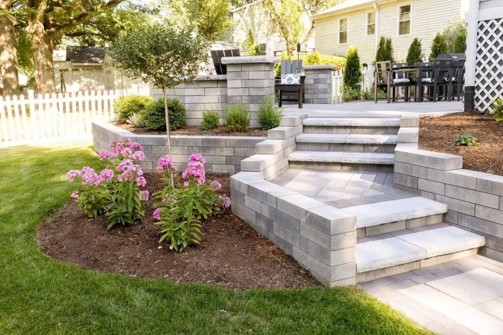 Stone patio with steps, retaining walls, and pink flowers; green lawn, white fence, and trees in background.