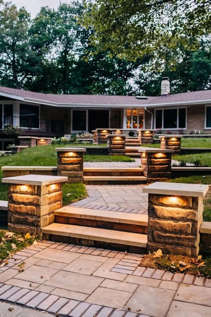 Stone pathway leads to a house, lit by warm lights on pillars, surrounded by tiered landscaping.
