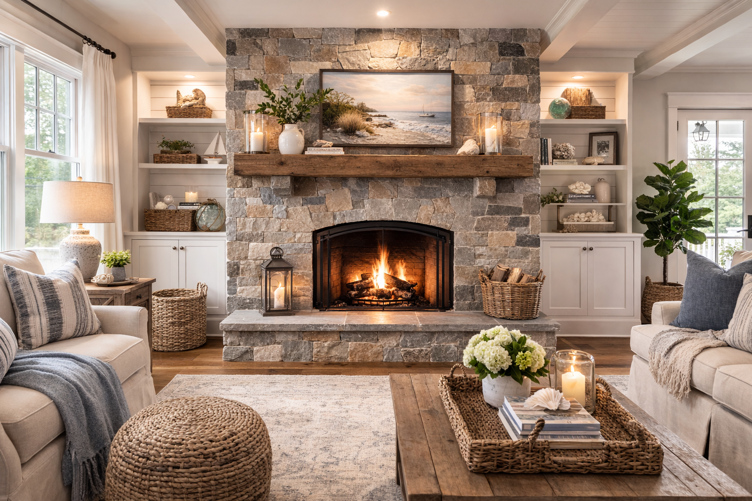 Indoor living room with fireplace, TV, and brown wicker furniture, overlooking a wooded view.