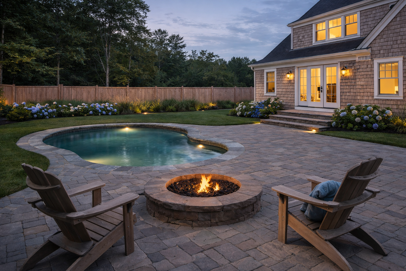 Backyard patio with pool, fire pit, and Adirondack chairs near a house at dusk. 