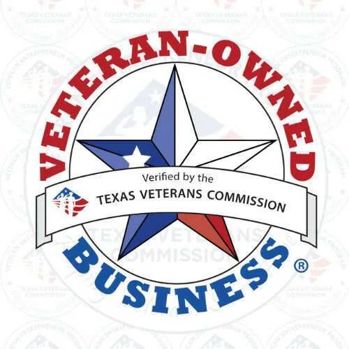 A circular Veteran-Owned Business logo with a star design, verified by the Texas Veterans Commission.