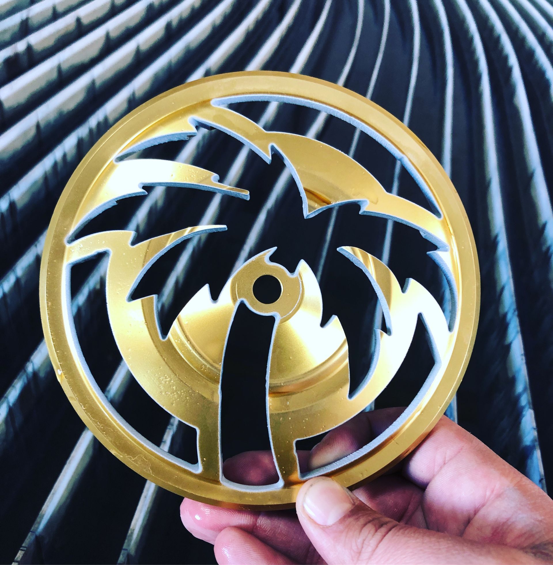 Gold and black circular design with a palm tree cut-out, held in hand.