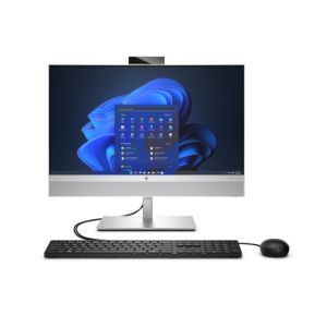 Desktop all-in-one computer with Windows 11 screen, keyboard, and mouse on a white background