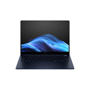 Open laptop with dark blue screen and blue wave wallpaper on a white background