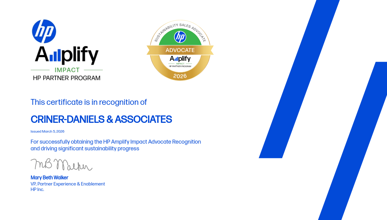 HP Amplify Impact Partner Program certificate for CRINER DANIELS & ASSOCIATES, with blue accents and gold badge.