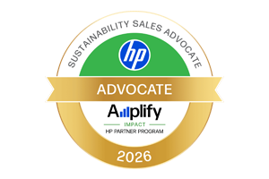 HP Sustainability Sales Advocate badge, green and gold, with the HP logo, 'Advocate', and '2026'.