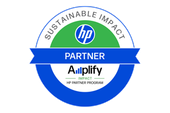 HP Amplify Impact Partner badge, blue, green, and white. Circular design with 'Sustainable Impact' and 'Partner'.
