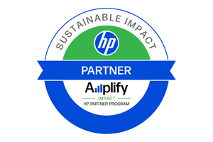 HP Amplify Impact Partner badge, blue, green, and white. Circular design with 'Sustainable Impact' and 'Partner'.