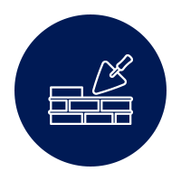 Brick wall being built with trowel, white lines on a blue circle.