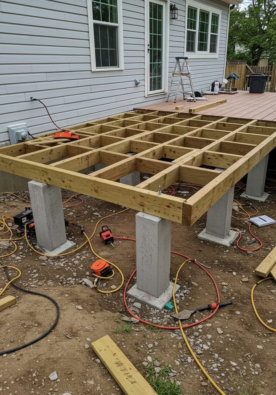 A wooden deck frame under construction on concrete pillars against the side of a gray-sided house.