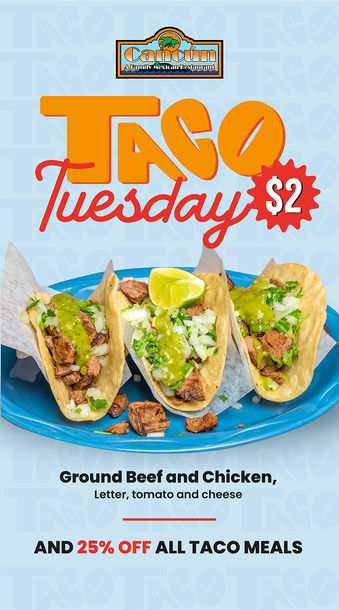 A poster for a taco tuesday with ground beef and chicken tacos on a blue plate.