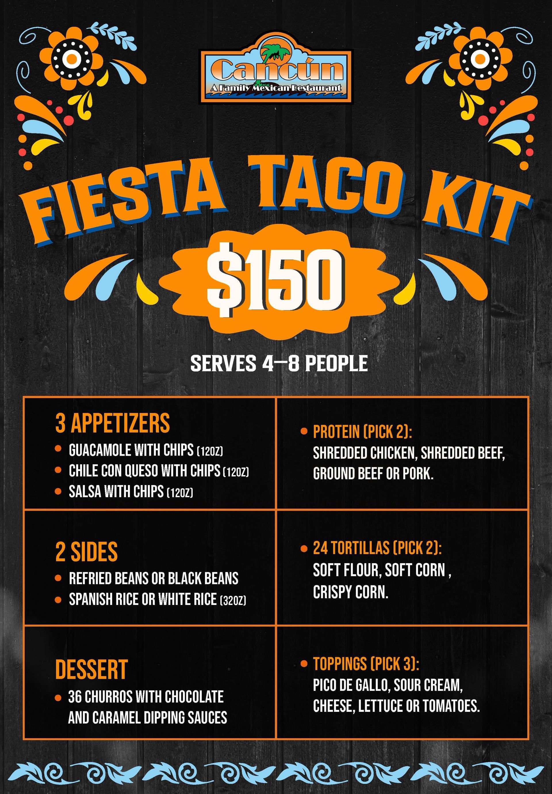 A dark wooden menu board advertising a $150 Fiesta Taco Kit serving 4-8 people, listing food options and floral decor.
