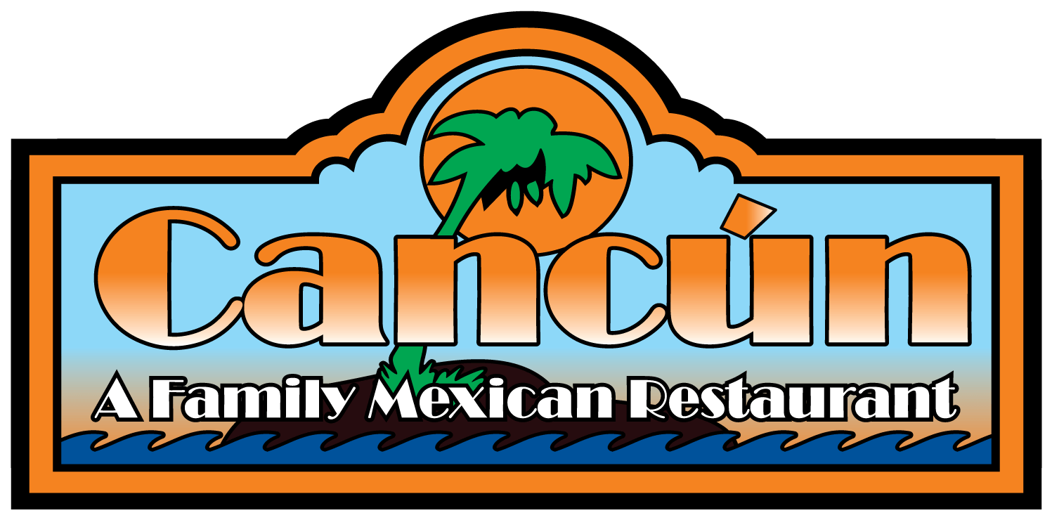 Cancun family Mexican restaurant logo with palm tree over blue, orange, and black design