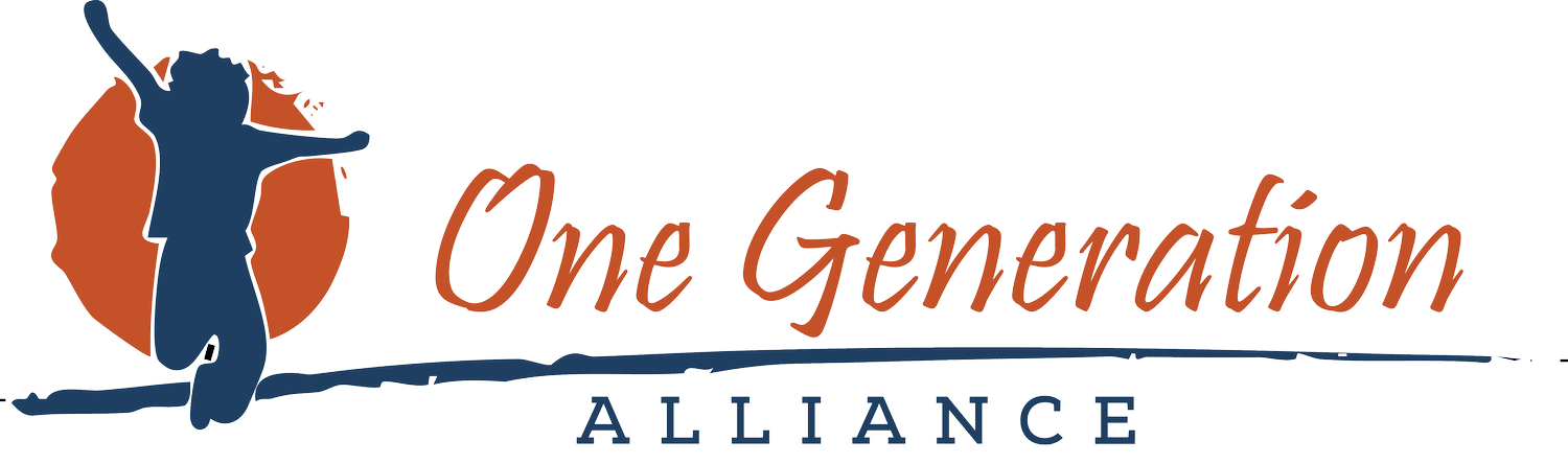 Logo for One Generation Alliance with a silhouette of a person jumping in the air in front of a red circle.