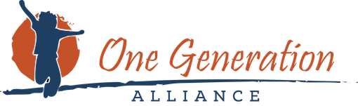 Logo for One Generation Alliance with a silhouette of a person jumping in the air in front of a red circle.