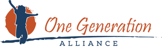 Logo for One Generation Alliance with a silhouette of a person jumping in the air in front of a red circle.