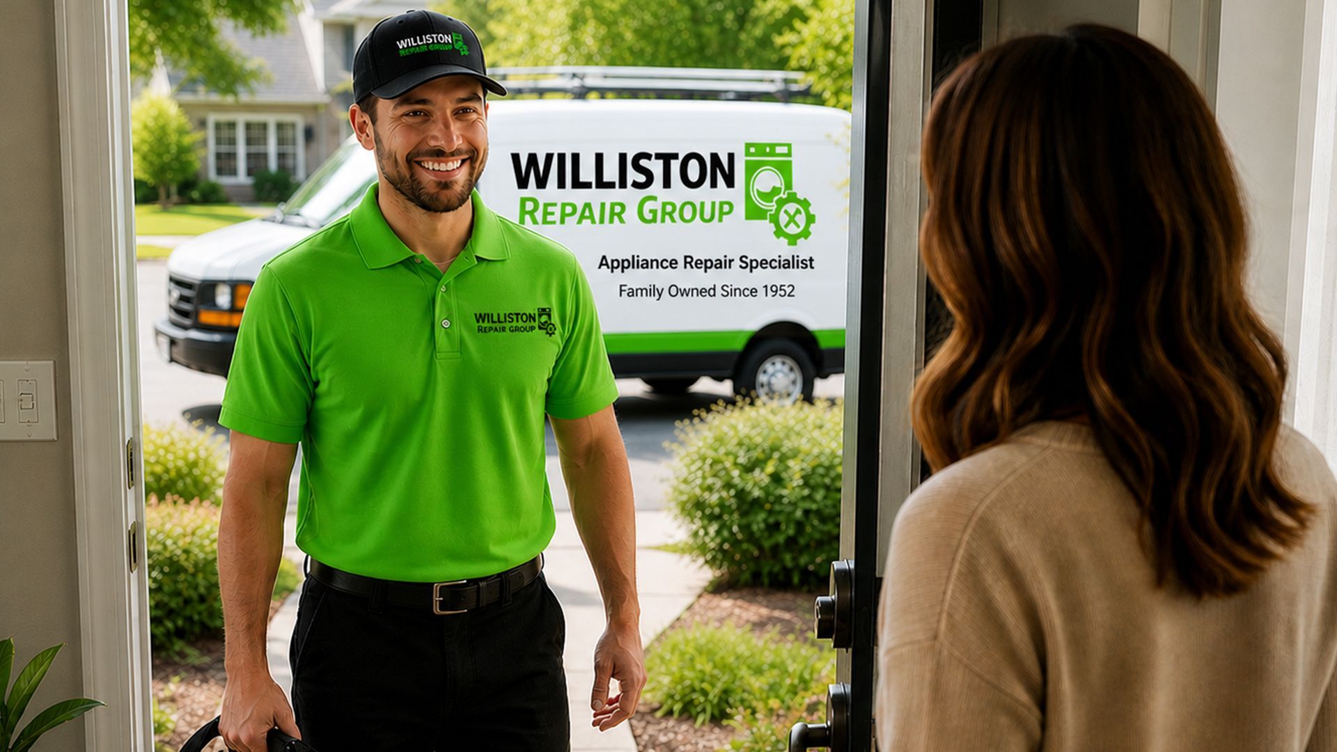 Repair technician in green shirt greets a homeowner at a front door, with service van outside.