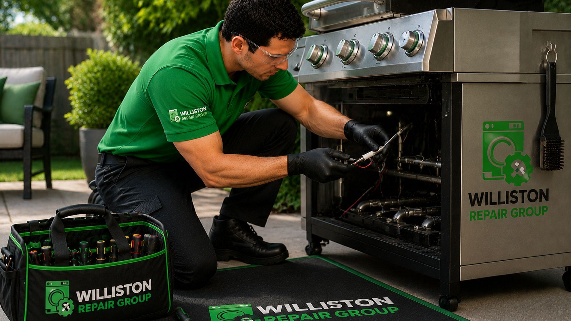 Technician in green uniform cleaning a stainless steel grill outdoors beside Williston Products cases