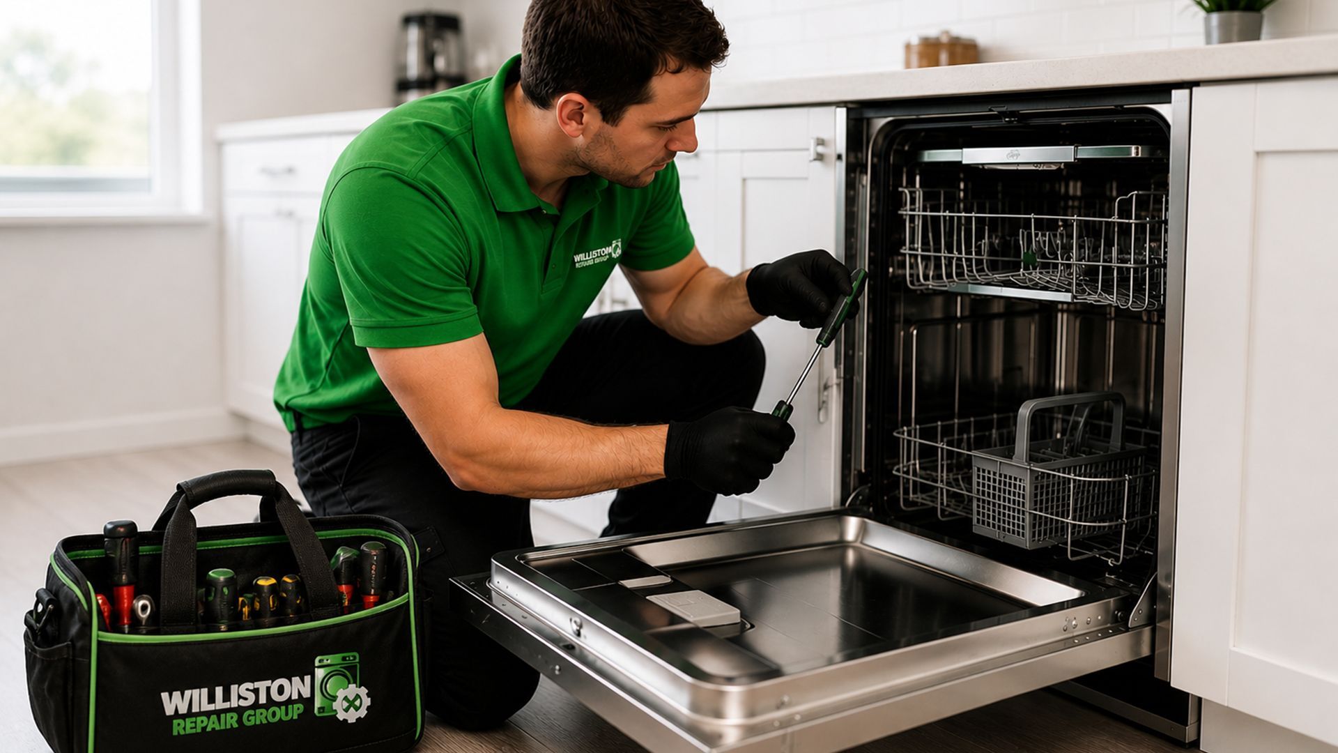 Technician in green shirt repairing an open dishwasher beside a tool bag.