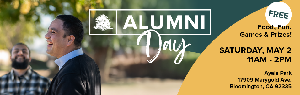 An advertisement for an Alumni Day on May 2 from 11-2 at Ayala Park in Bloomington