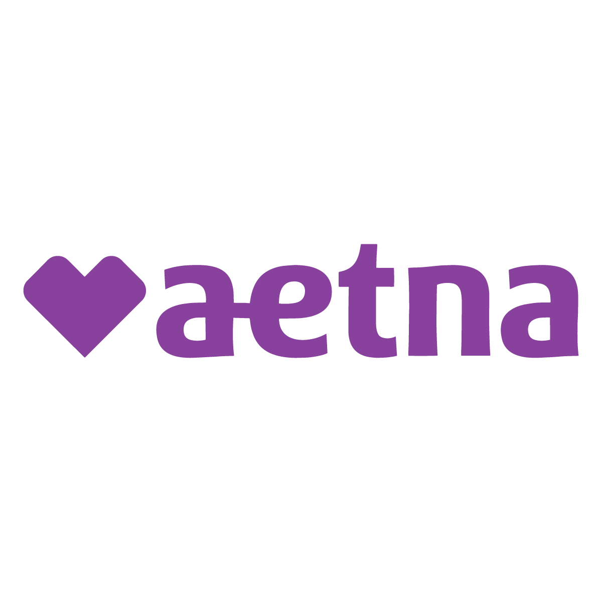 The aetna logo is purple with a heart in the middle.