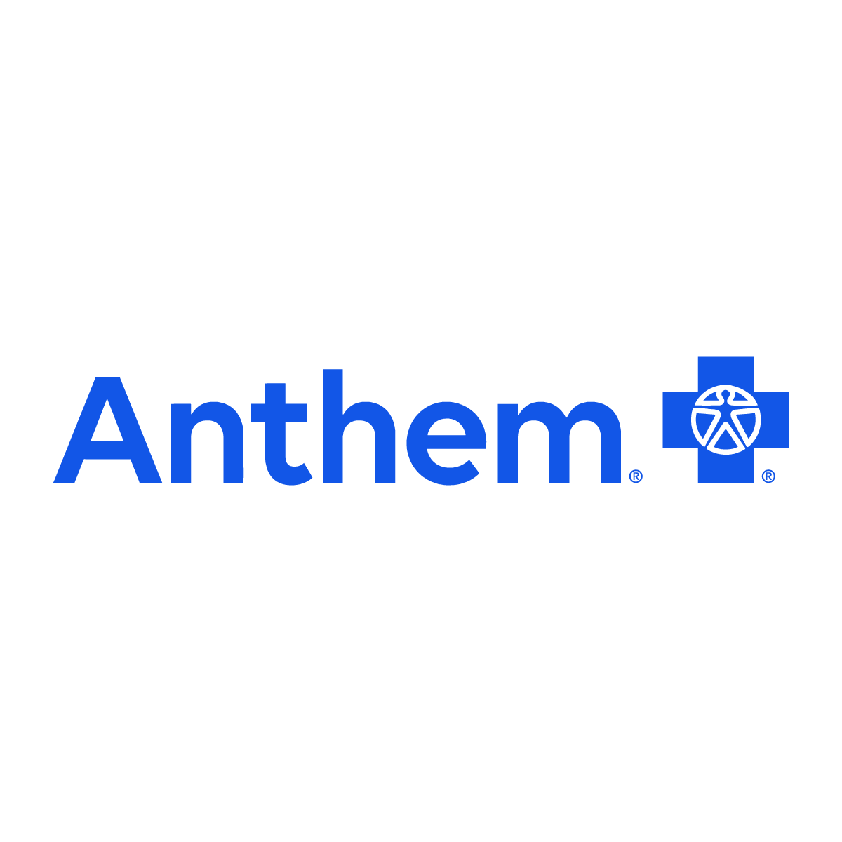 The anthem logo is blue and white and has a cross on it.