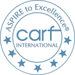 The logo for carf international is a blue circle with stars around it.