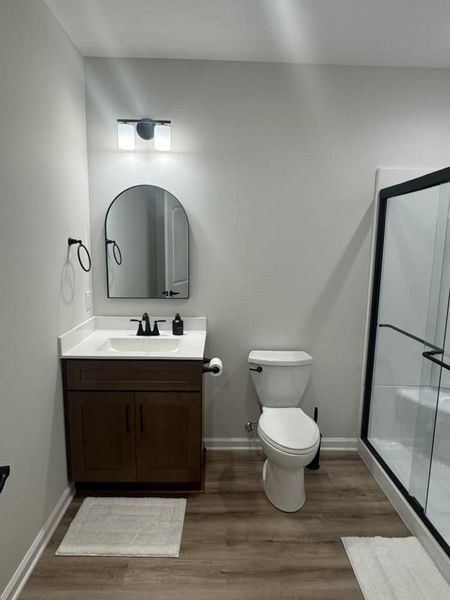 Bathroom with brown vanity, arched mirror, toilet, and glass shower. Gray walls and wood-look floor.