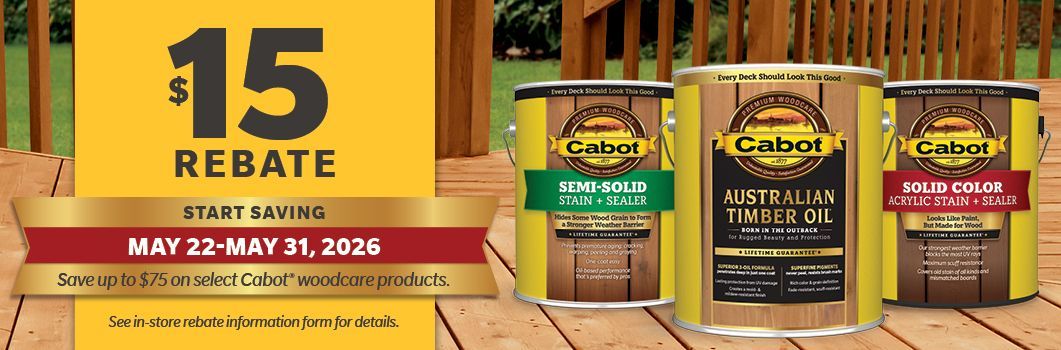 $15 rebate on Cabot canned products, with four containers displayed on a warm yellow background.
