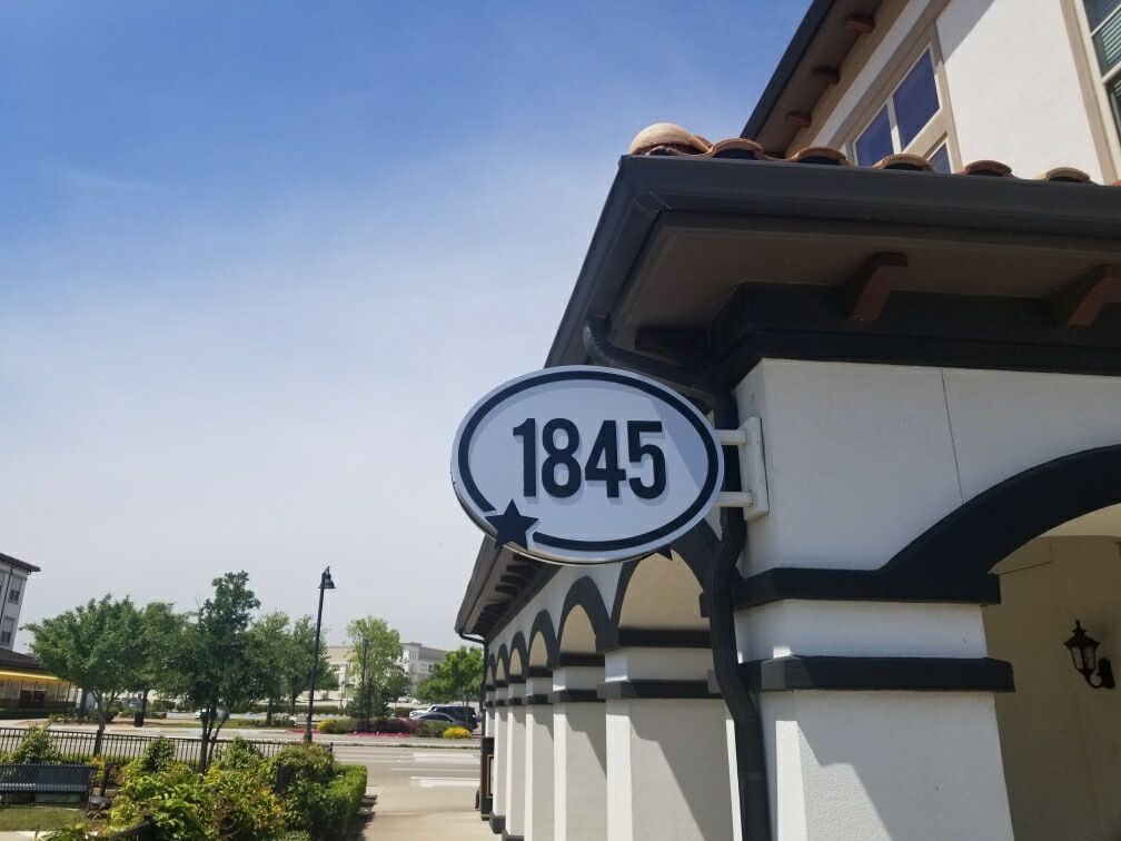 Dimensional address sign for 1845 Restaurant in Flower Mound, TX.
