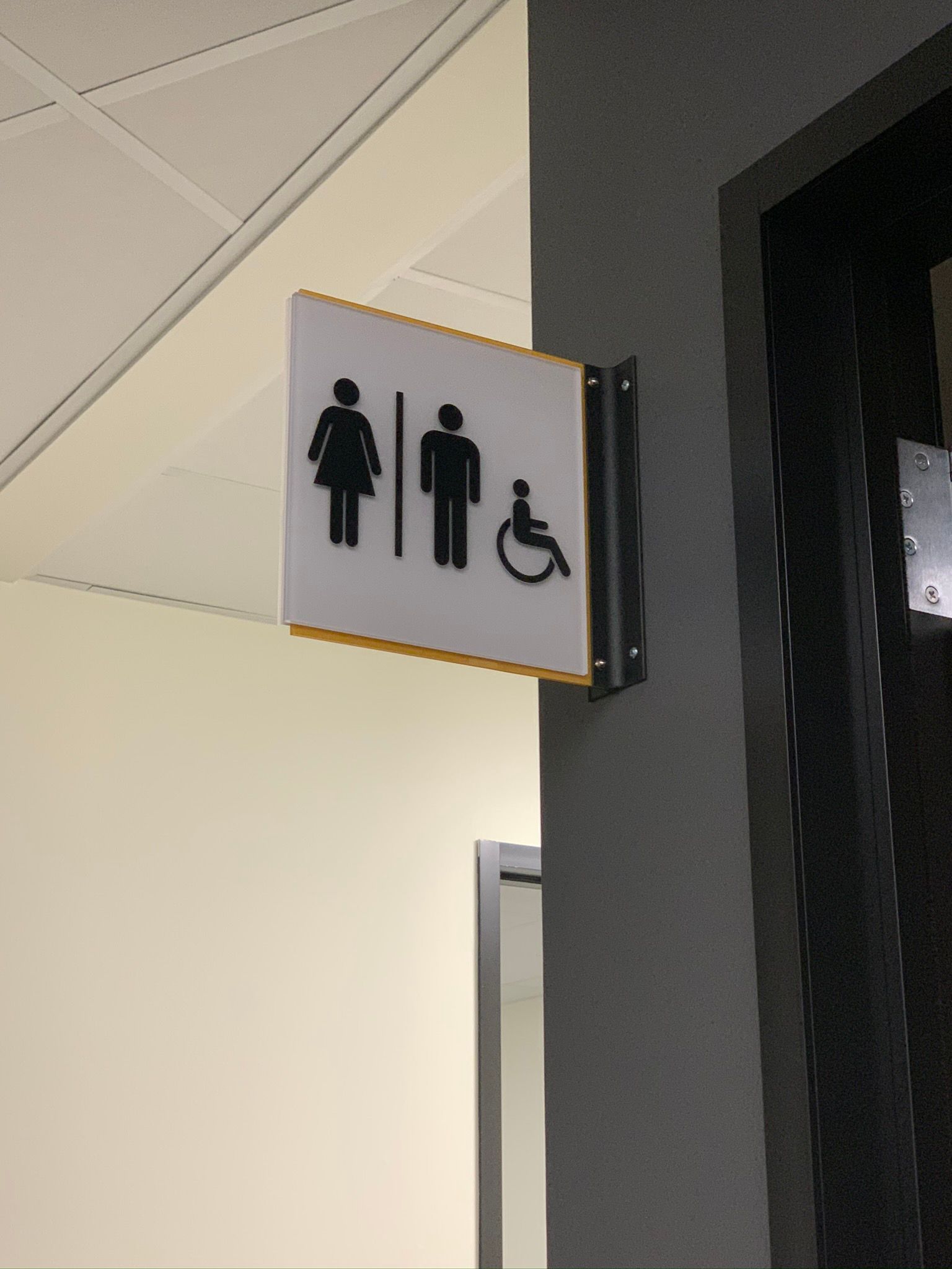 Restroom sign with female, male, and wheelchair symbols on a wall corner