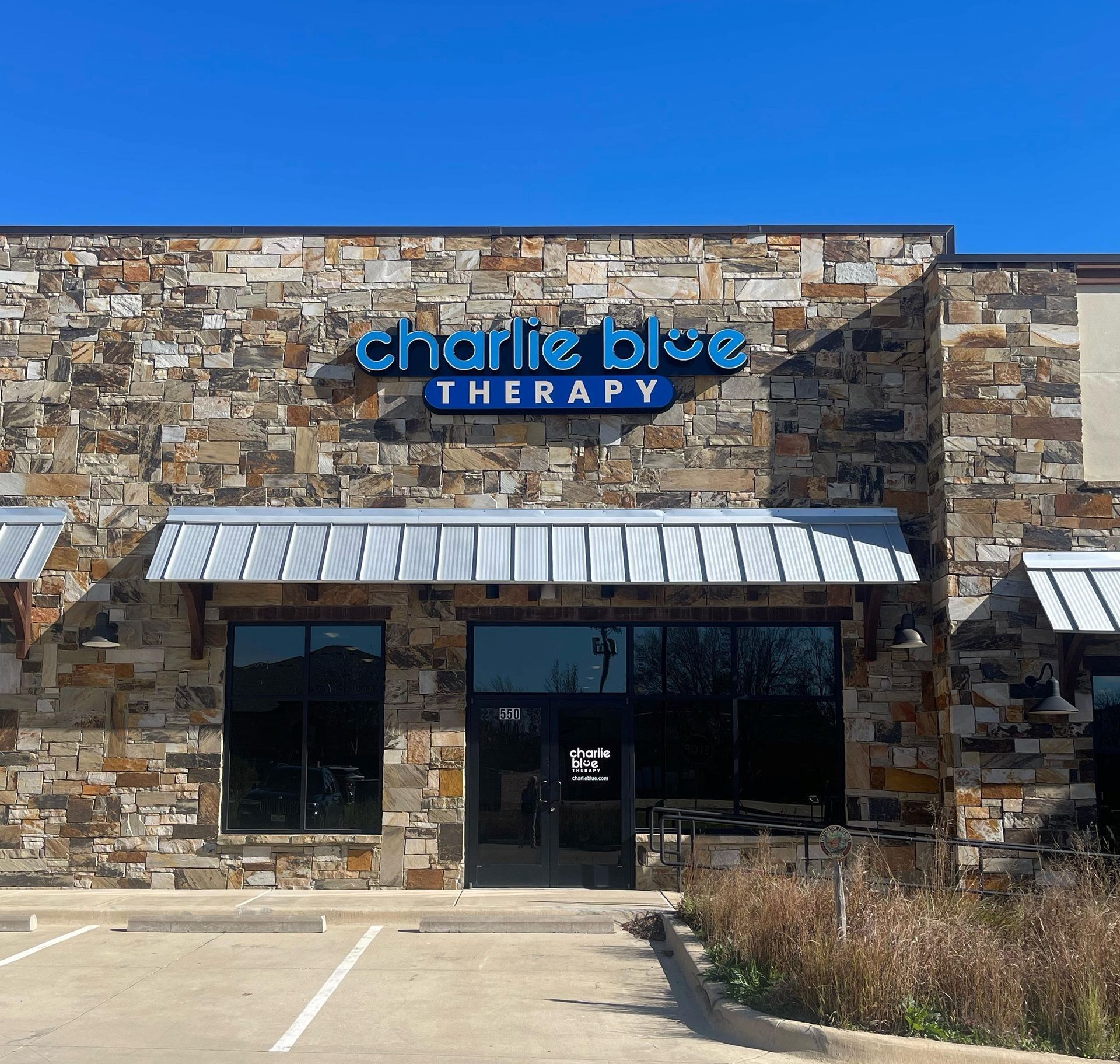 Front-lit channel letter sign on a shape-cut backplate for Charlie Blue Therapy in Flower Mound, TX.