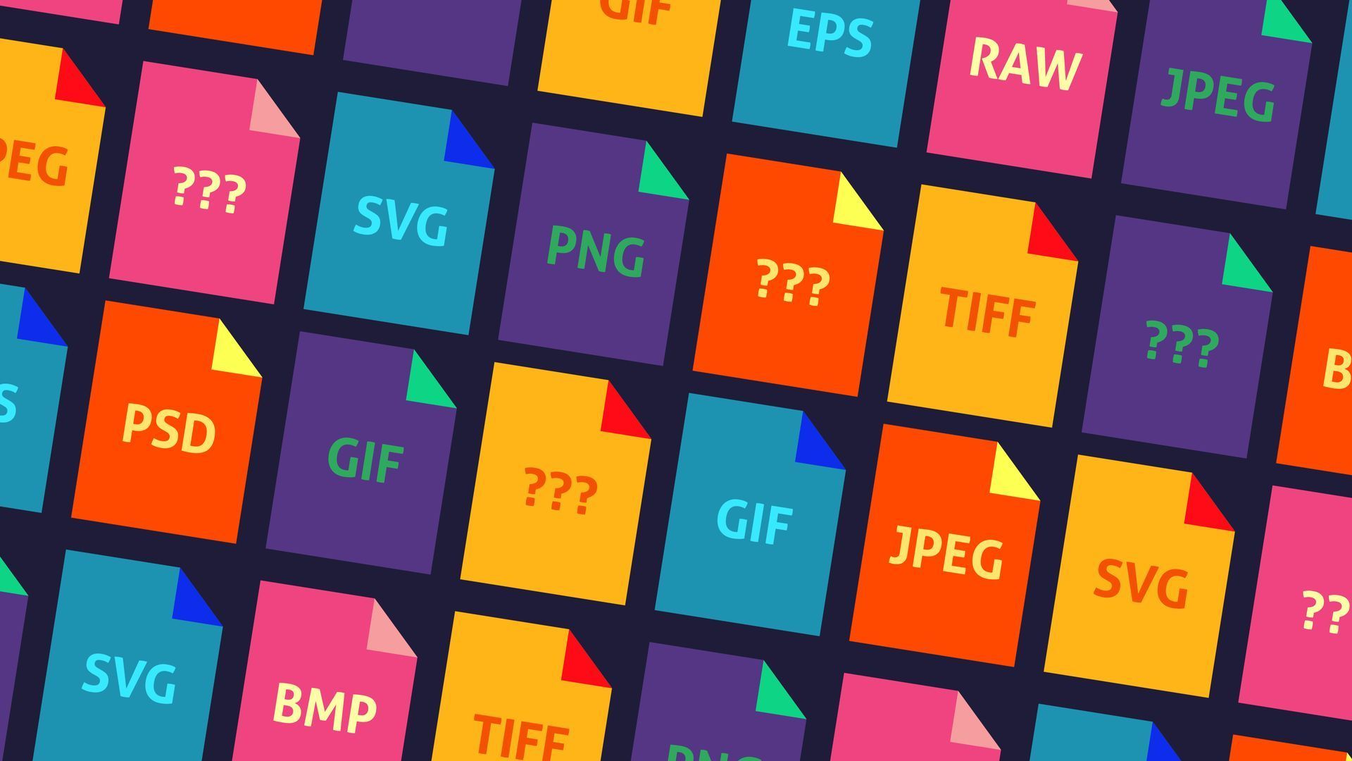 Colorful file icons with various formats: EPS, RAW, JPEG, SVG, PNG, TIFF, GIF, PSD, BMP.