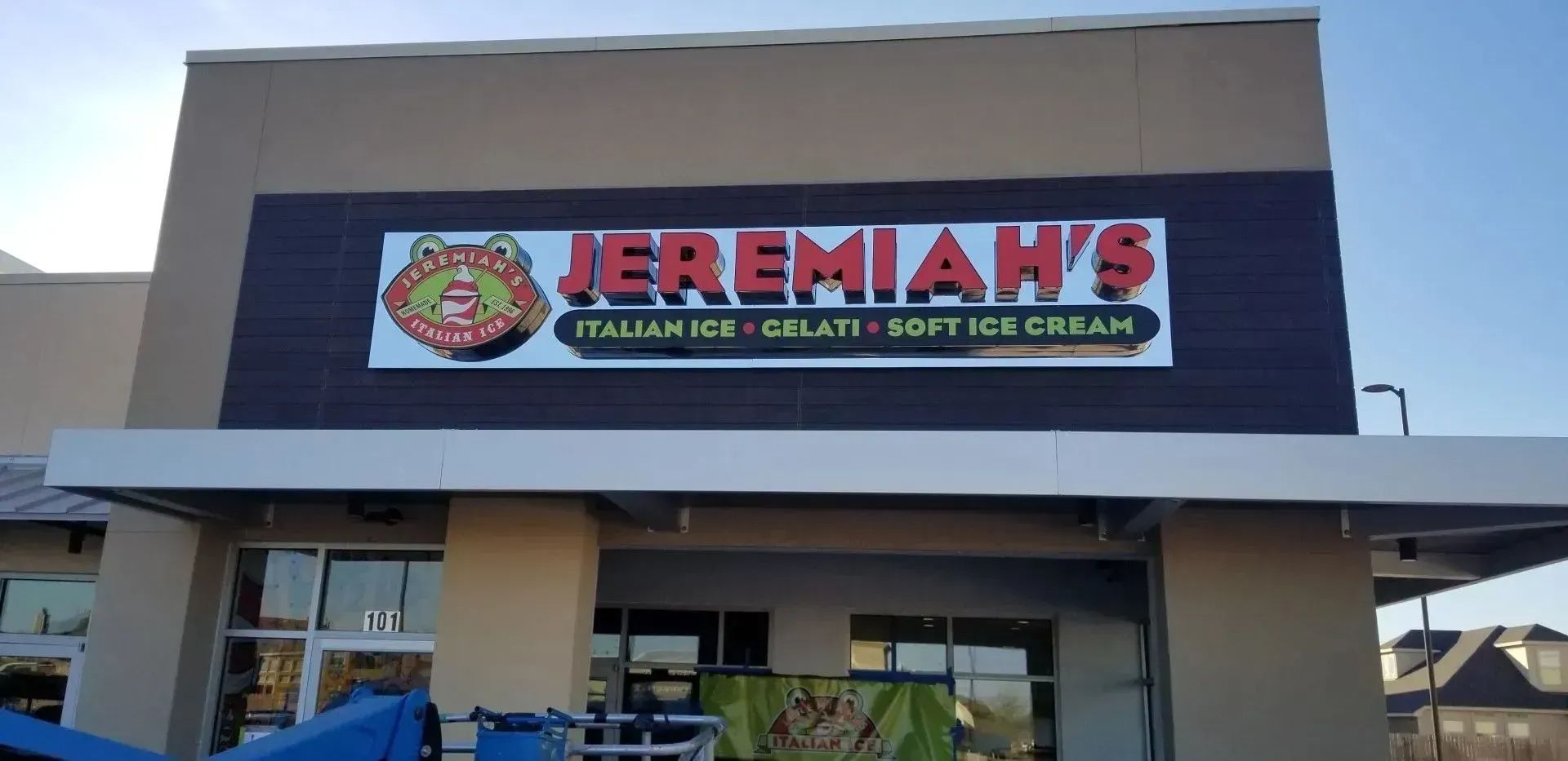 Front-lit channel letters and logo sign for Jeremiah’s Italian Ice.
