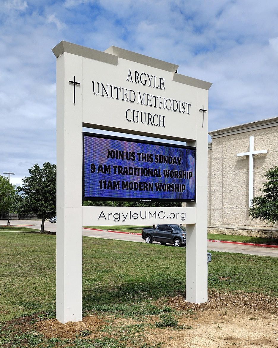 Pylon sign with electronic message display and illuminated push-through lettering for Argyle United Methodist Church in Argyle, TX.
