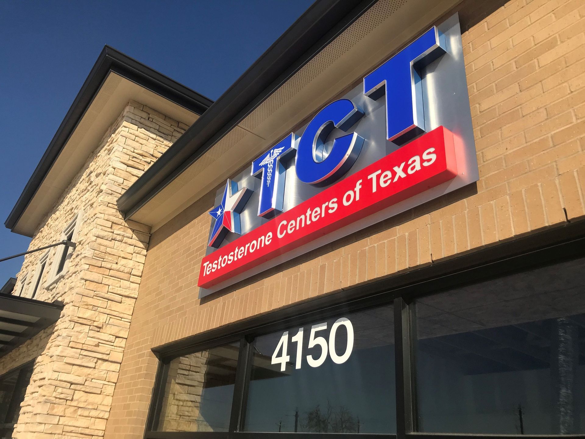 Front-lit channel letter sign for Testosterone Centers of Texas in Flower Mound, TX.