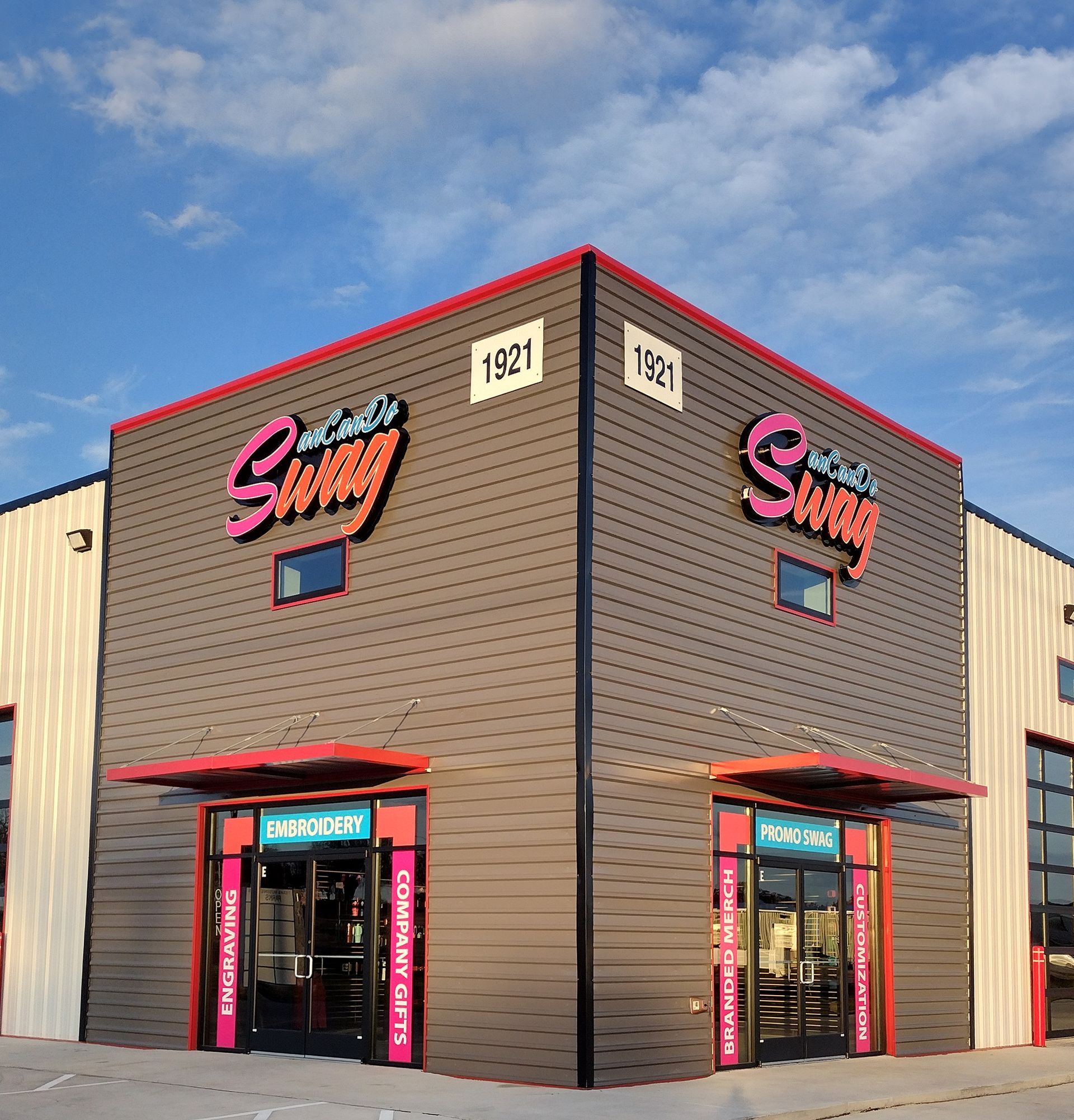 Exterior of a building with pink 