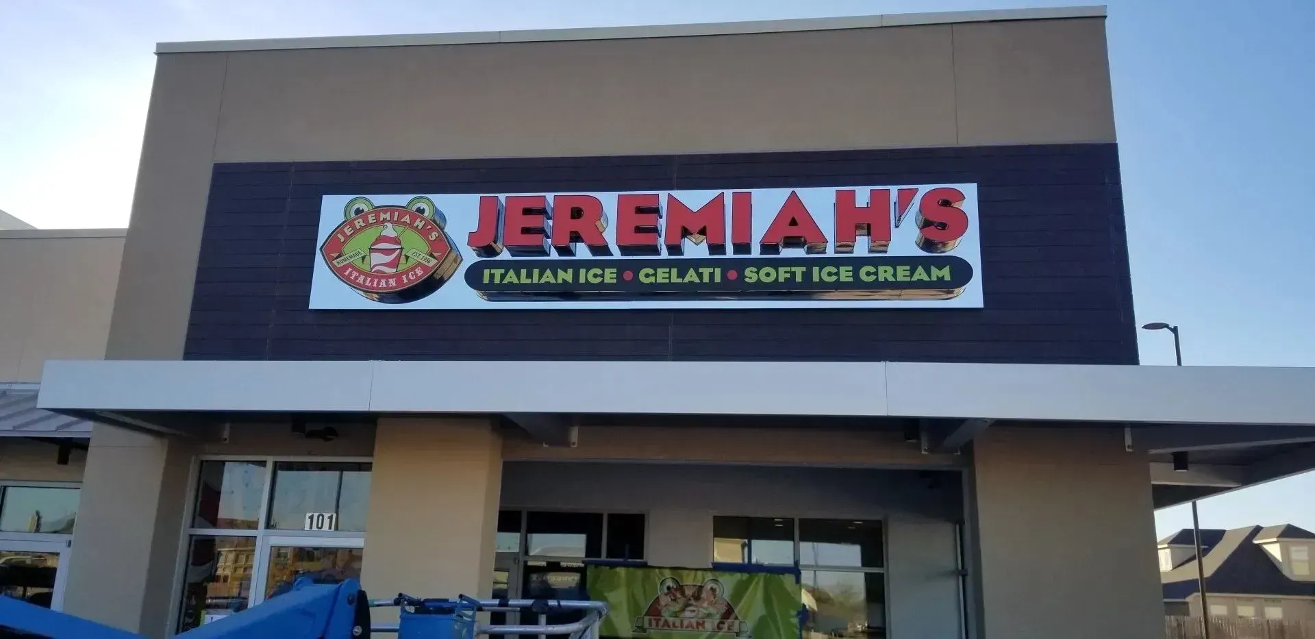 Jeremiah's Italian Ice storefront with sign. Sign has logo of an animal and lists: Italian Ice, Gelati, and Soft Ice Cream.