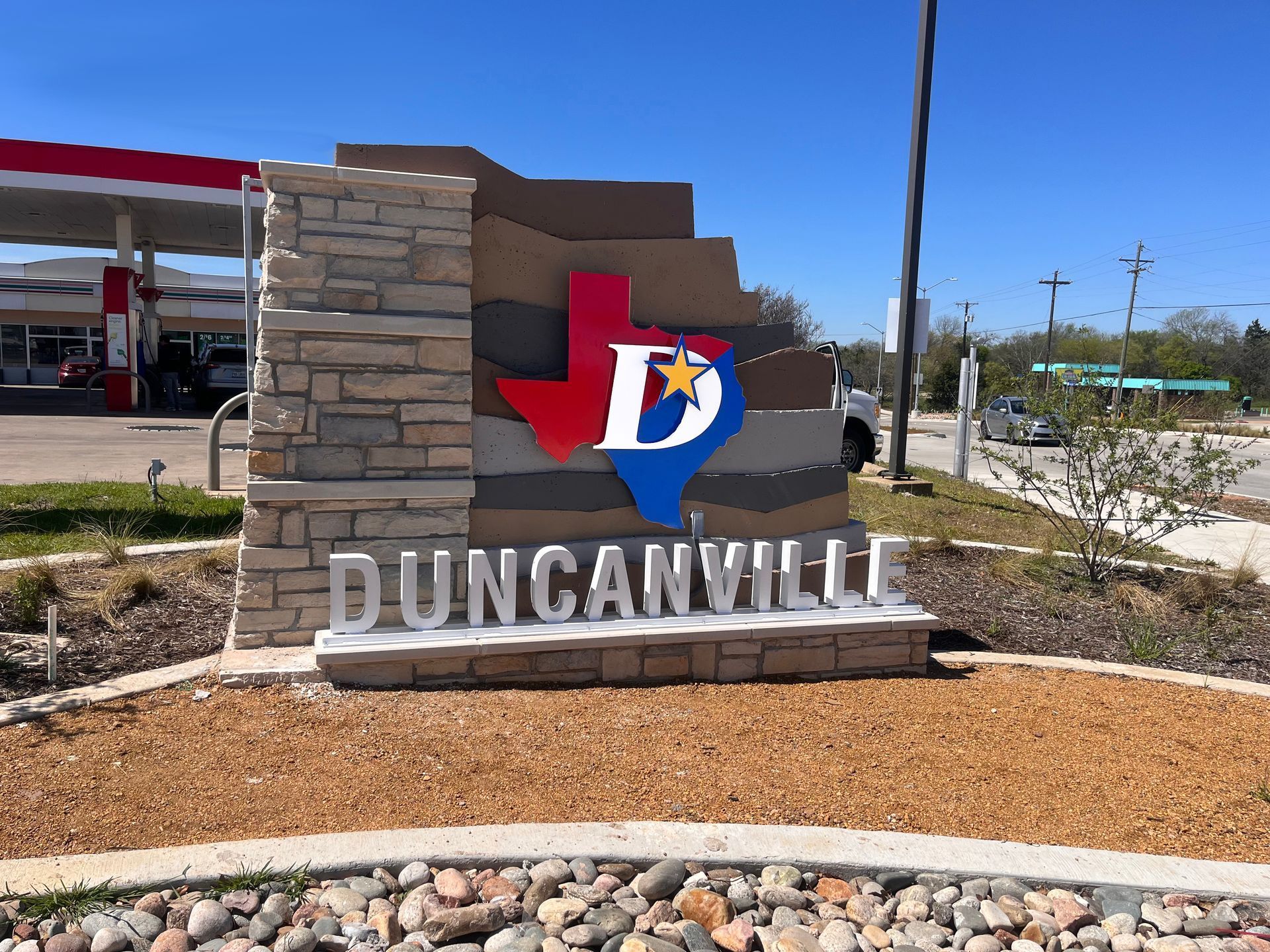 Duncanville, Texas welcome sign with the state outline and 