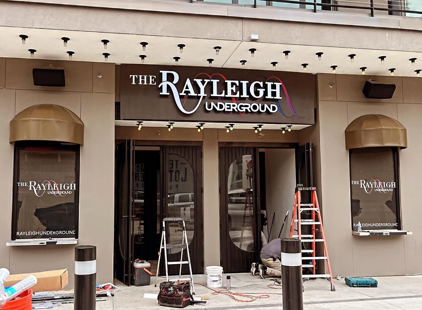Front-lit channel letter sign with push-through elements for The Rayleigh Underground at Toyota Music Factory in Irving, TX.
