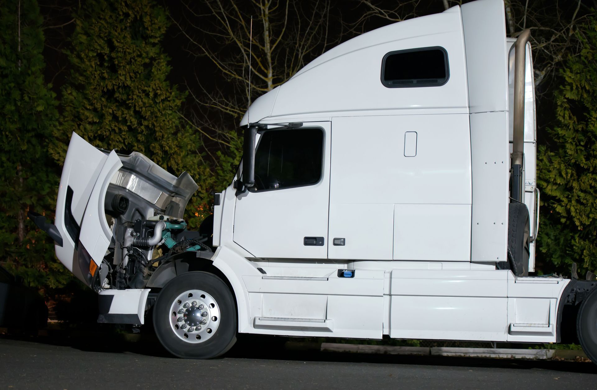 White semi-truck with hood open, parked in front of dark bushes.