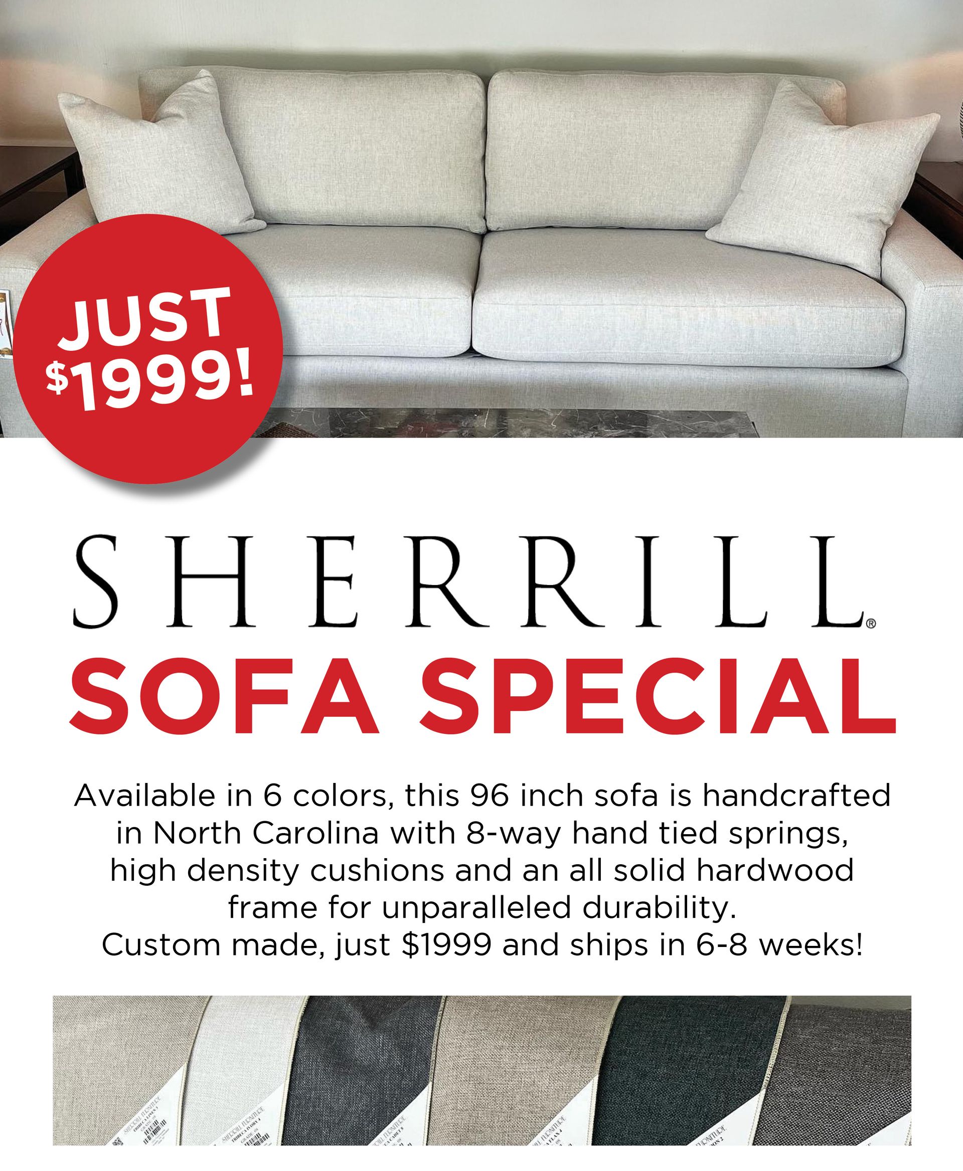 A white couch with a red circle that says just $ 1999