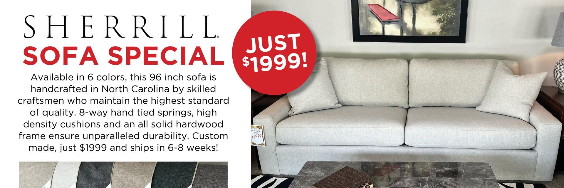 An advertisement for a sherrill sofa special for $ 1999