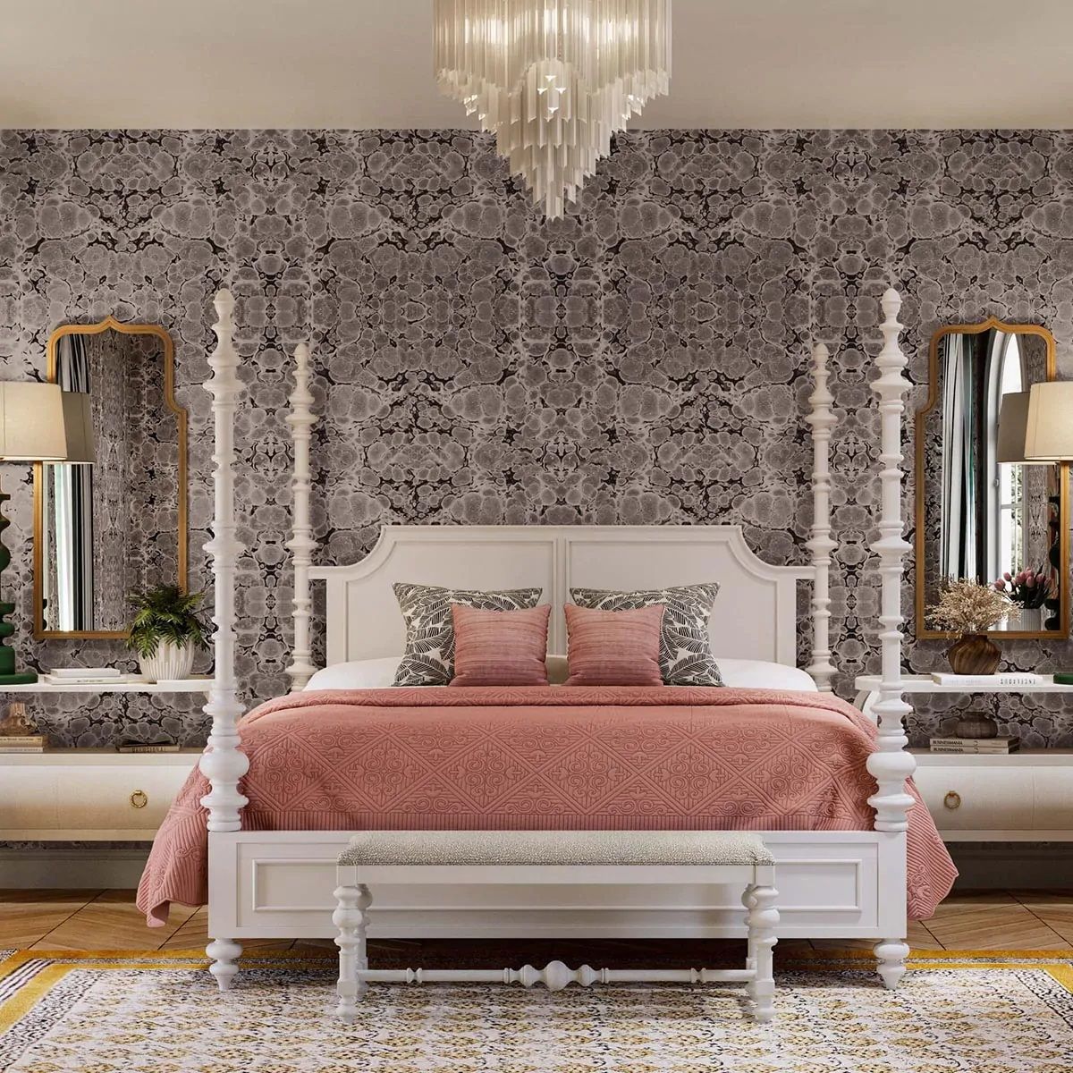 A bedroom with a four poster bed and a bench.