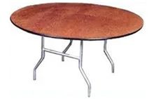 Oval, brown tabletop with silver folding legs.